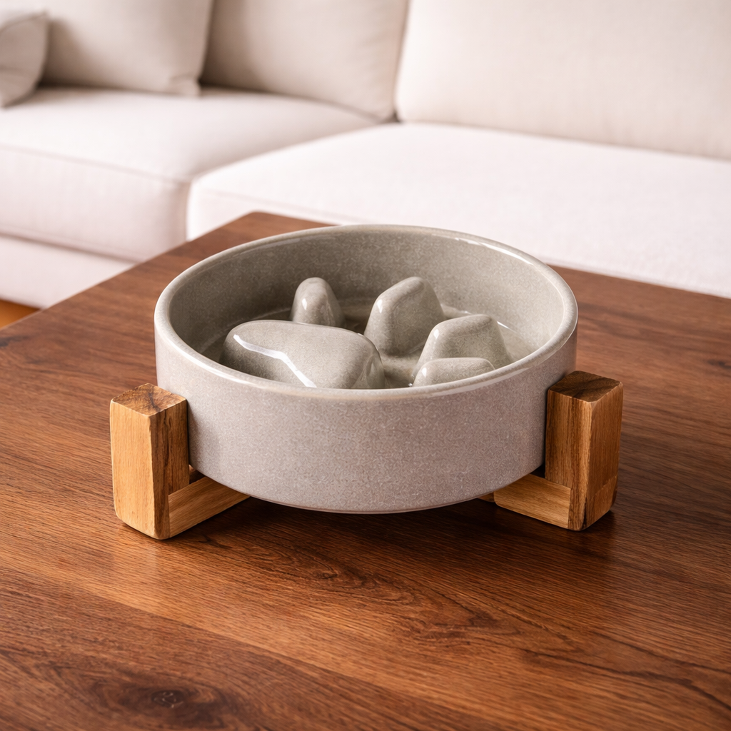 Gray ceramic slow feed bowl with wooden holder on a wooden table