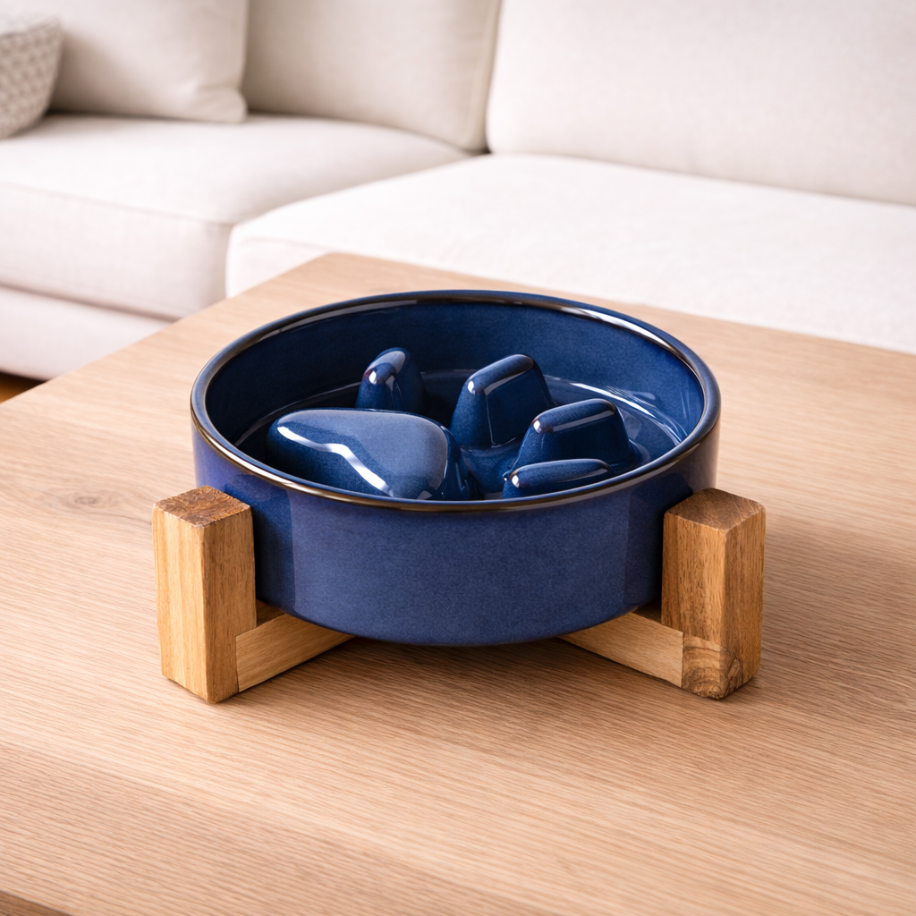 Blue ceramic slow-feed bowl with wooden stand on a wooden table