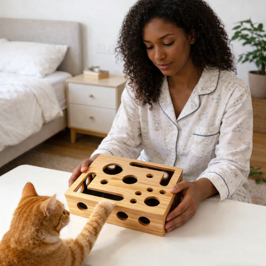 Woman in pajamas interacting with a cat using a wooden Crate Play Box puzzle toy in a bedroom setting.