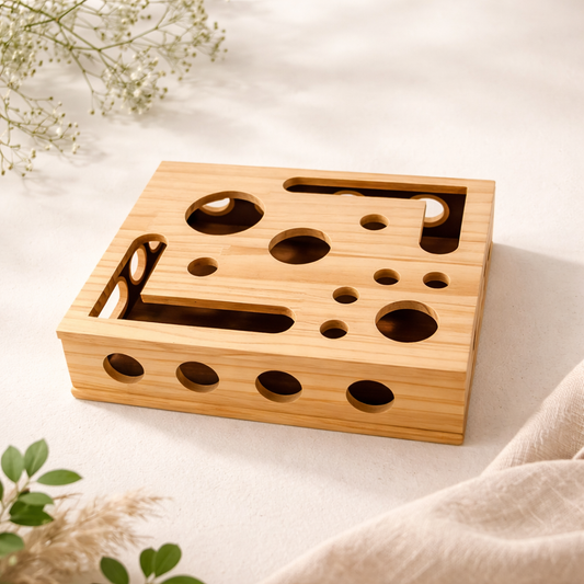 Wooden Crate Play Box puzzle box with various cutout shapes on a light background
