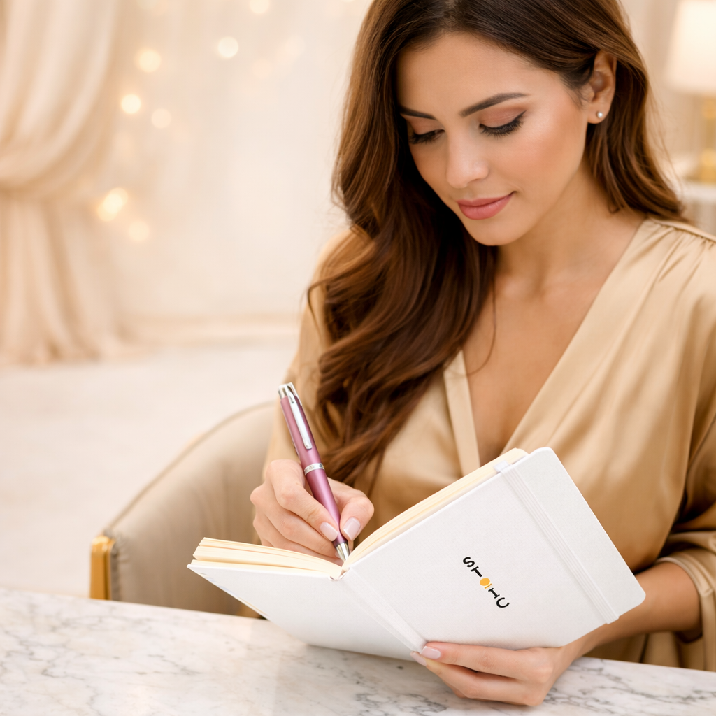 Woman writing in a notebook with a STOIC logo, with a pen on a marble surface.