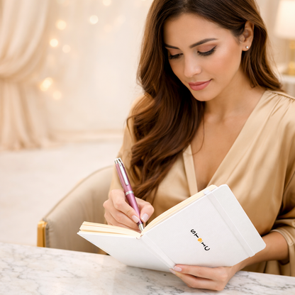 Woman writing in a notebook with a STOIC logo, with a pen on a marble surface.