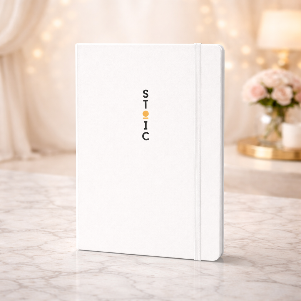 White notebook with 'STOIC' branding on a marble surface with a blurred background
