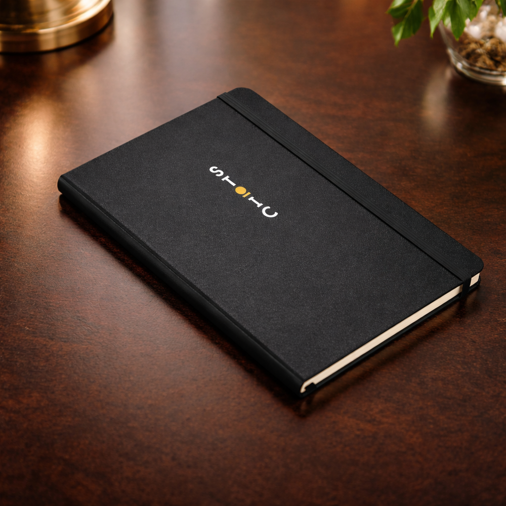 Black notebook with a STOIC brand logo on a wooden surface