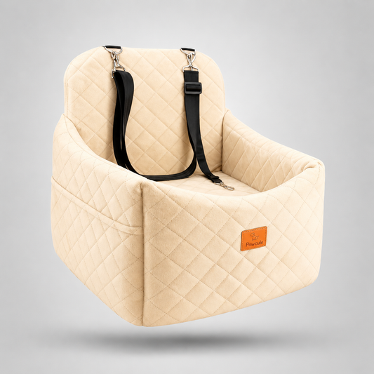 Beige quilted baby seat with black straps on a gray background