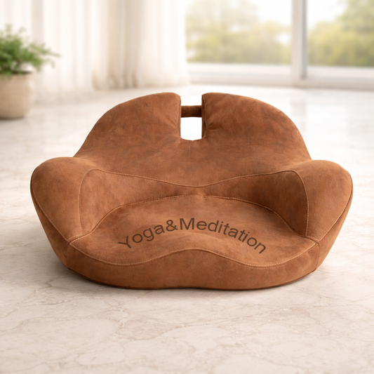 Brown yoga and meditation pillow on a light wooden floor with a blurred window background
