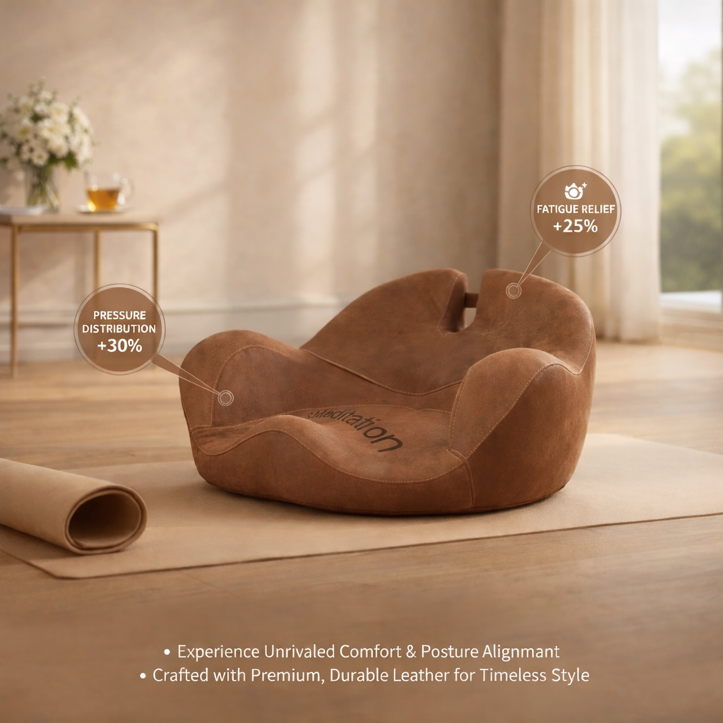 Brown yoga meditation cushion on a wooden floor with text highlighting comfort and durability.