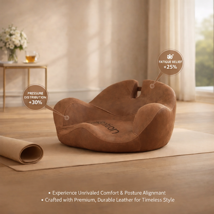Brown yoga meditation cushion on a wooden floor with text highlighting comfort and durability.