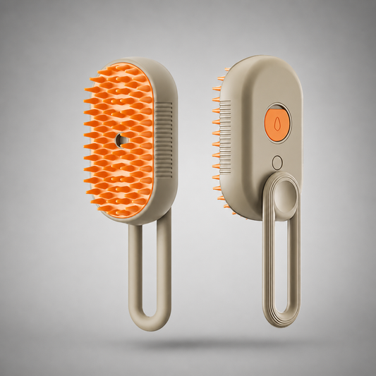 Two grooming brushes with orange bristles on a gray background