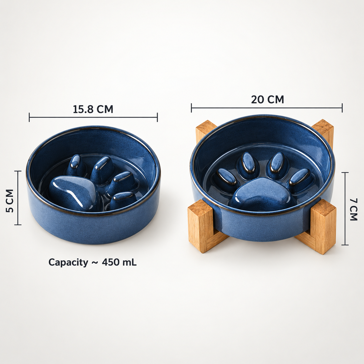 Two blue ceramic pet bowls with paw-print designs, shown with dimension labels and capacity text on a light background. One bowl is shown without a stand (15.
