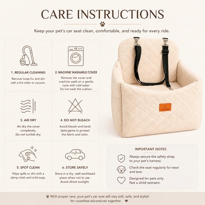 Care instructions infographic for a pet car seat, featuring numbered steps for cleaning, washing, air drying, and storage alongside a photo of the beige quilted pet car seat with black straps and a small orange label.
