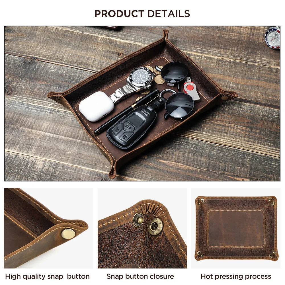 Brown leather tray with various items on a wooden surface, showing close-ups of high-quality snap button and hot pressing process.