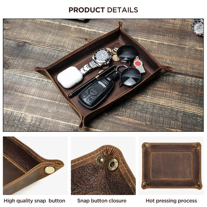 Brown leather tray with various items on a wooden surface, showing close-ups of high-quality snap button and hot pressing process.