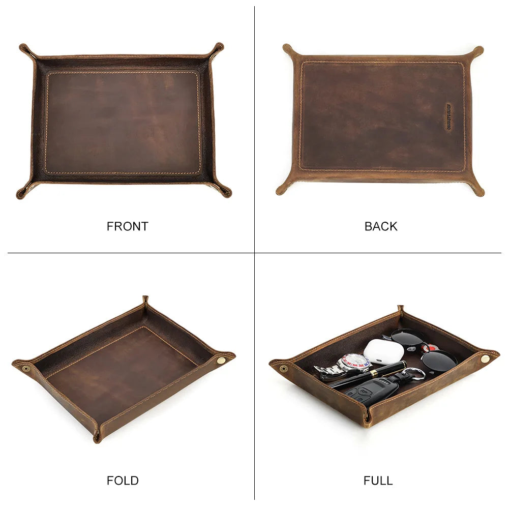 Brown leather tray shown from front, back, folded, and fully open with items on a white background.