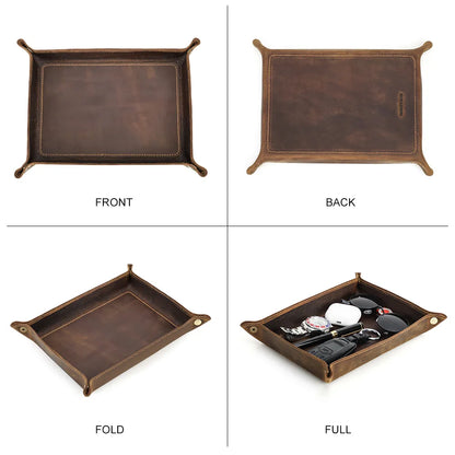 Brown leather tray shown from front, back, folded, and fully open with items on a white background.