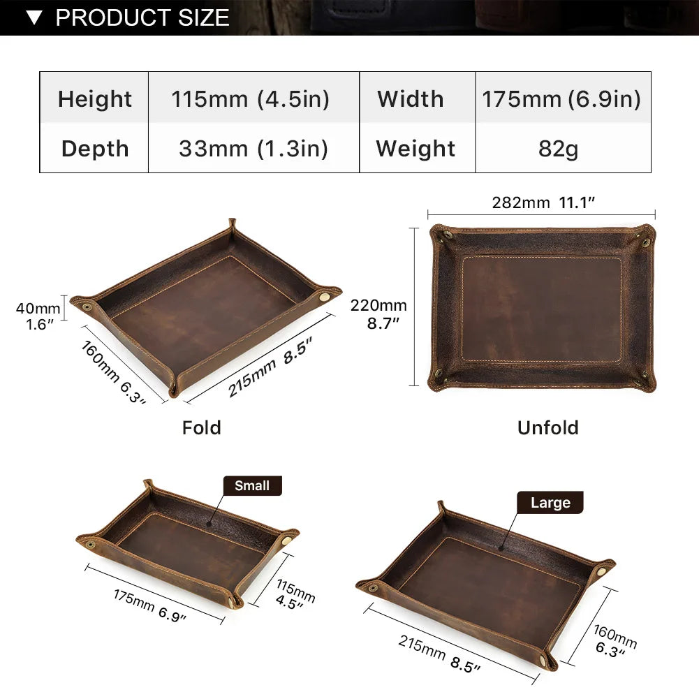 Measurement chart for a leather tray showing height, width, depth, and weight.
