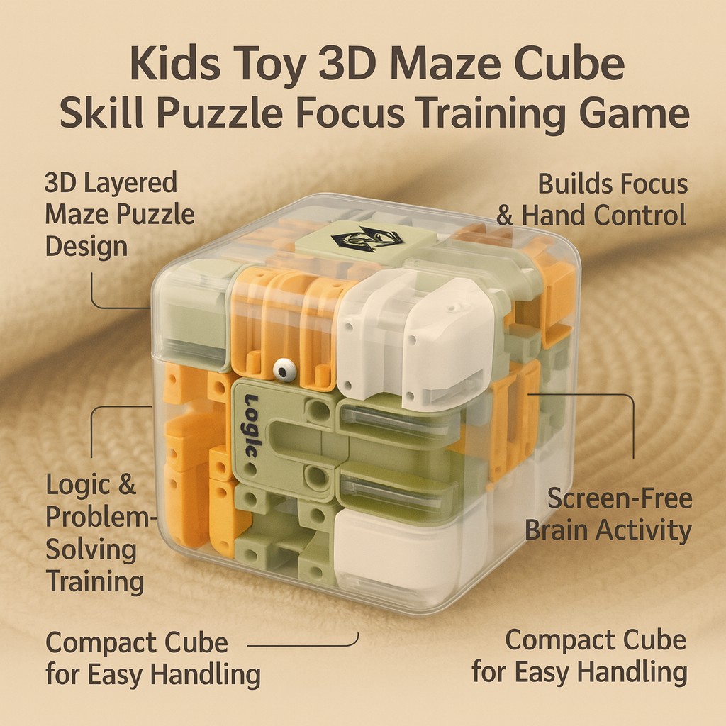 3D maze cube skill puzzle for kids on a beige background