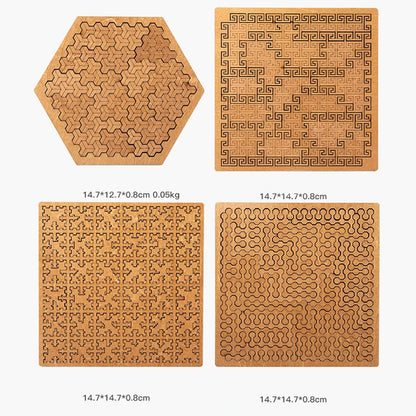 Four cork mats with different patterns and sizes on a white background