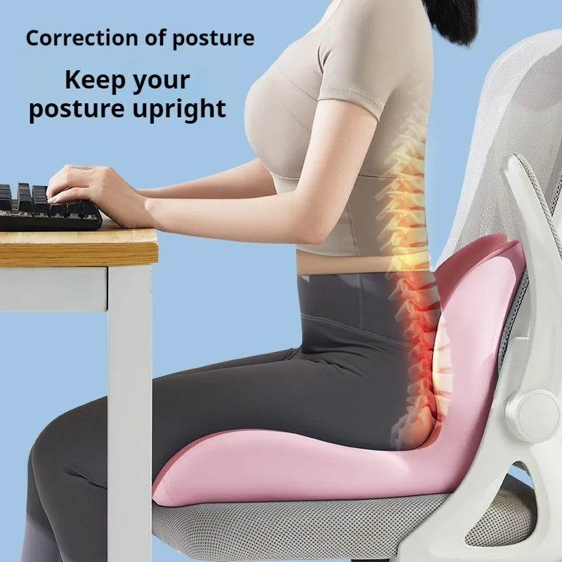 Chair with a pink cushion for posture correction, showing a person sitting and a highlighted spine.
