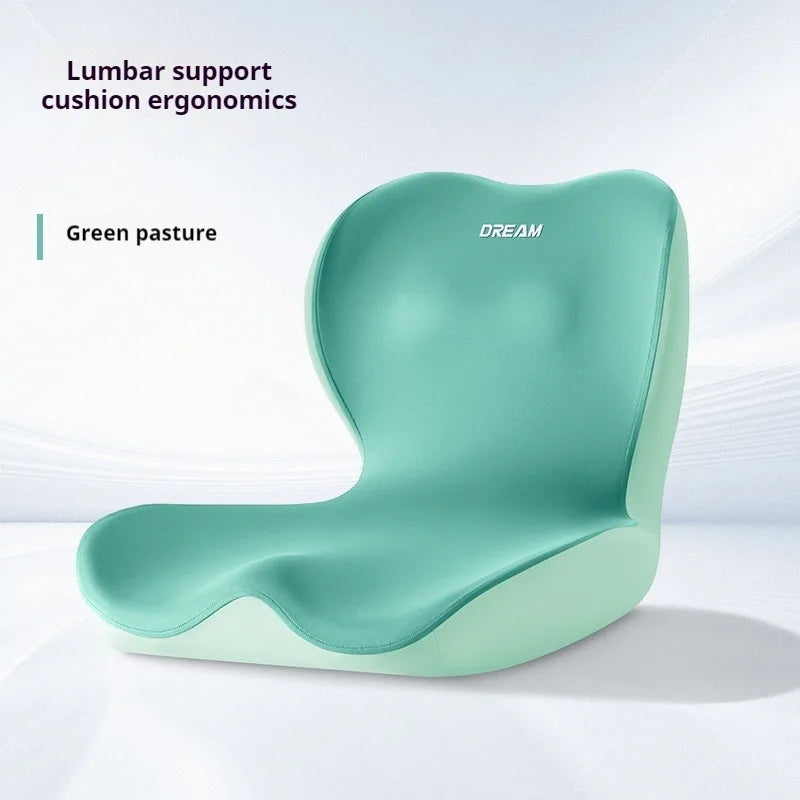 Green lumbar support cushion with 'Dream' branding on a white background