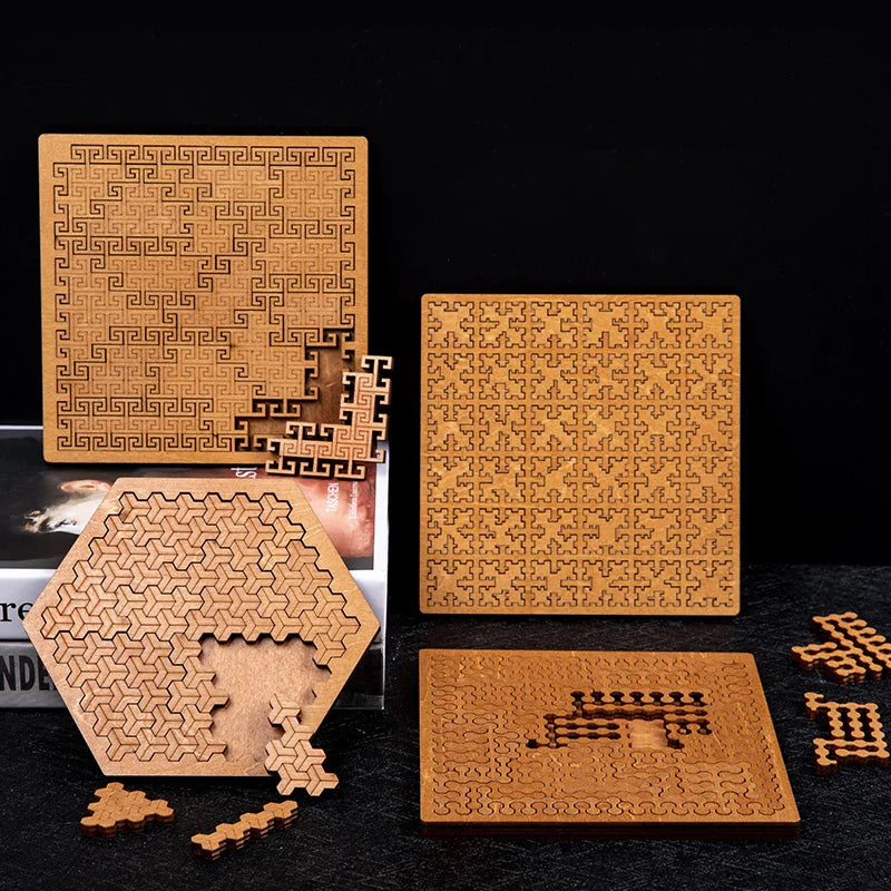 Set of wooden puzzle pieces with geometric patterns on a black background