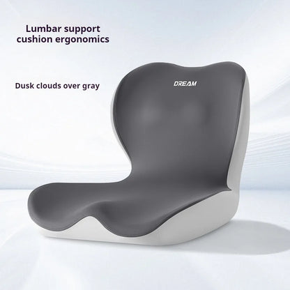 Gray lumbar support cushion with 'Dream' branding on a white background