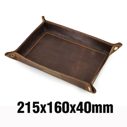 Brown leather tray with dimensions 215x160x40mm on a white background