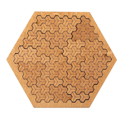 Hexagonal wooden puzzle mat with interlocking pattern on a white background