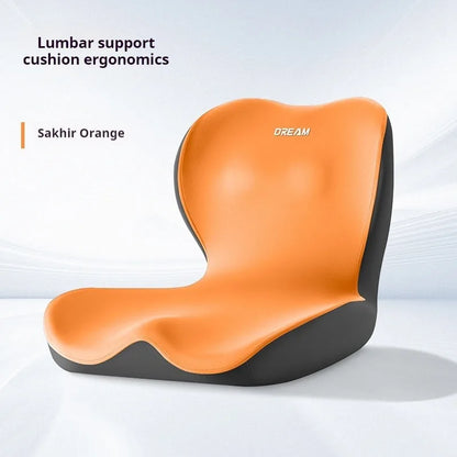 Orange lumbar support cushion with black base on a light gray background