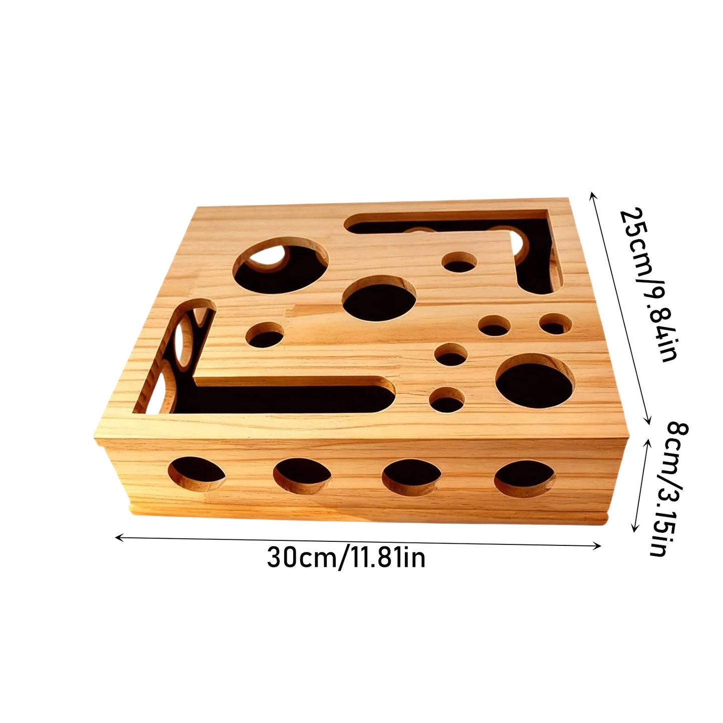 Wooden crate cat puzzle box with dimensions on a white background