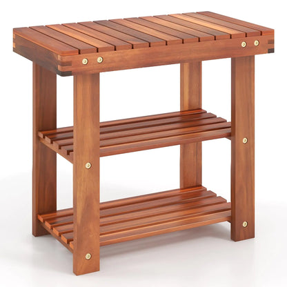 Tangkula Acacia Wood Shoe Rack Bench 3 Tier Sturdy Shoe Bench Storage Shoe Organizer Holds up to 180lbs for Entryway Bedroom Living Room Balcony Teak Color (19-inch)