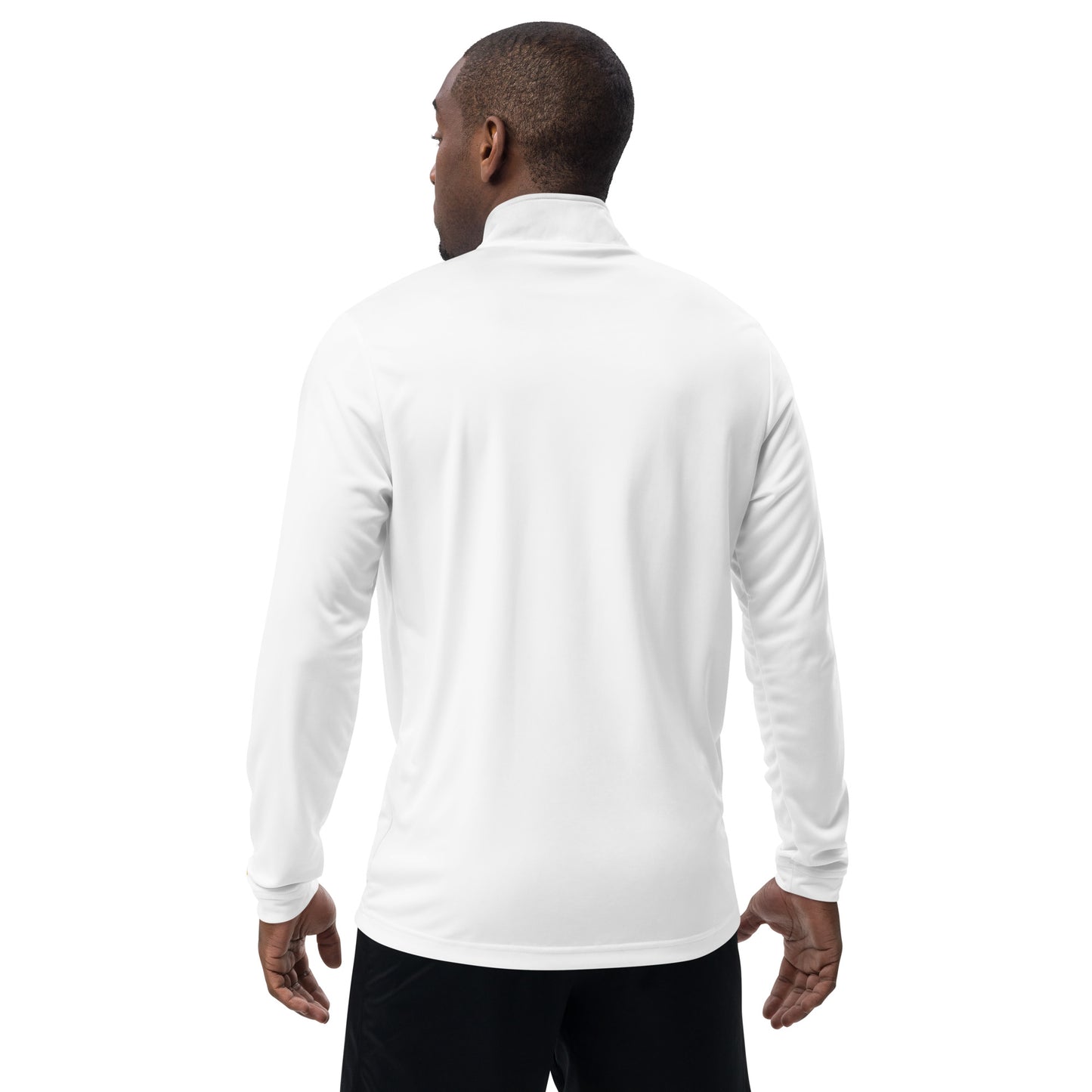 Back of man wearing a white STOIC long-sleeve shirt on a white background