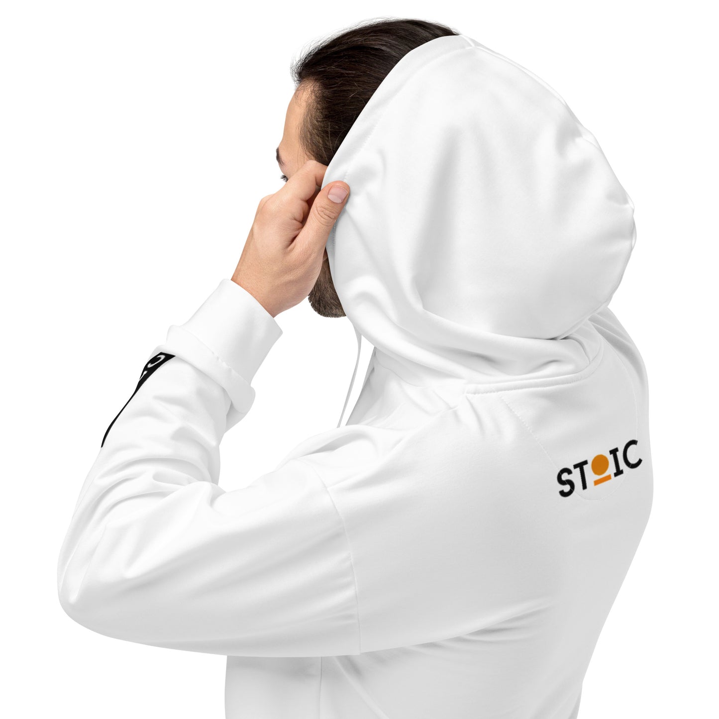 Person wearing a white STOIC hoodie with logo on the back, and white background