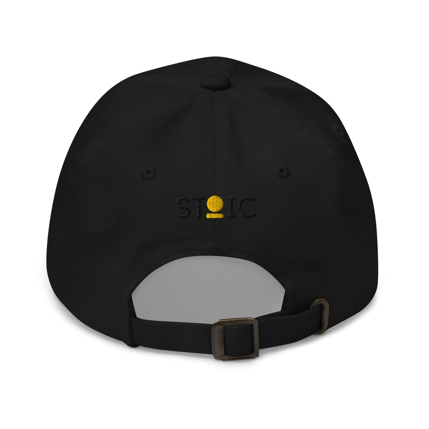 Black STOIC dad hat with embroidered logo on the back against a white background