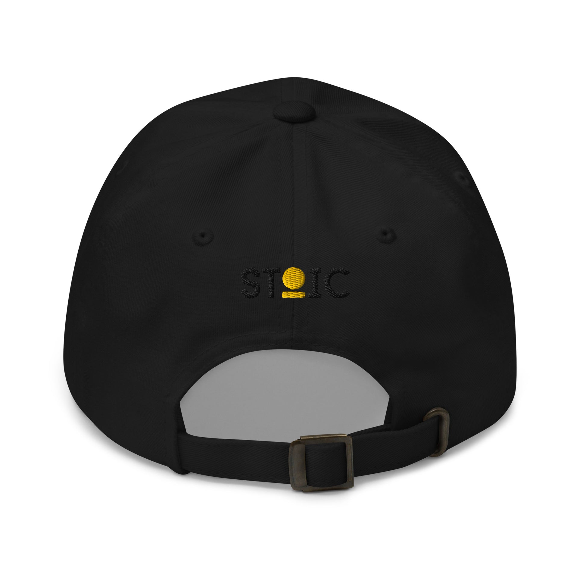 Black STOIC dad hat with embroidered logo on the back against a white background