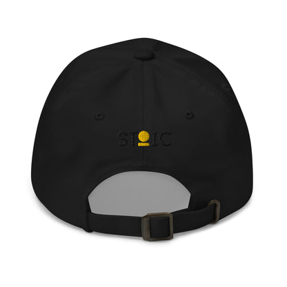 Black STOIC dad hat with embroidered logo on the back against a white background