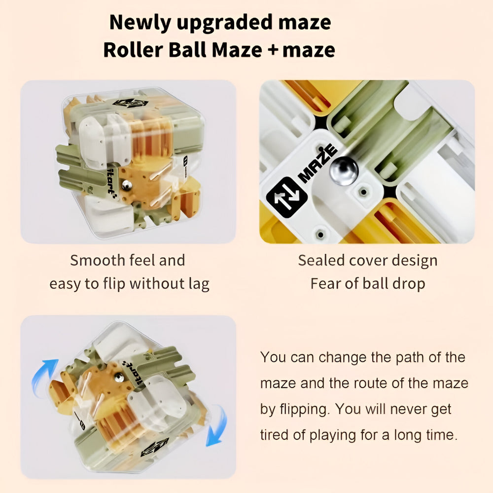 Upgraded maze roller ball maze with features highlighted on a beige background