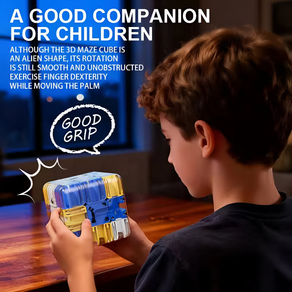 Child playing with a blue and yellow 3D maze cube on a wooden table.